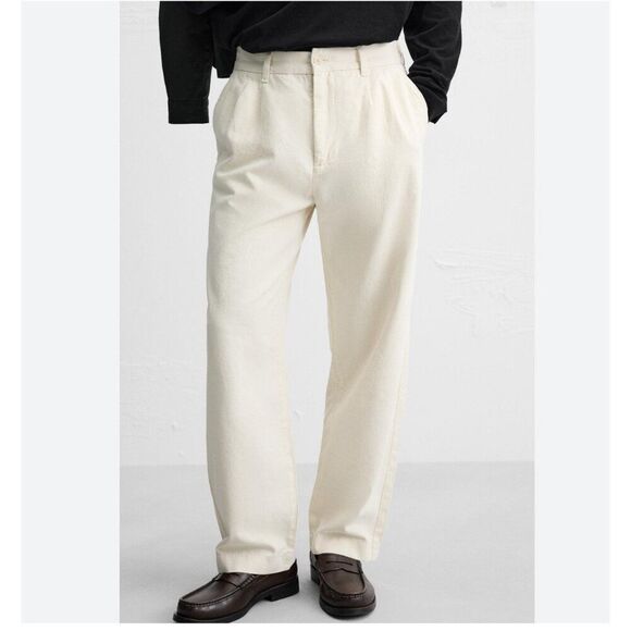 Zara Other - Zara Mens Pants XL Cream Ecru Relaxed Fit Pleated Cotton 8527/409 NWT